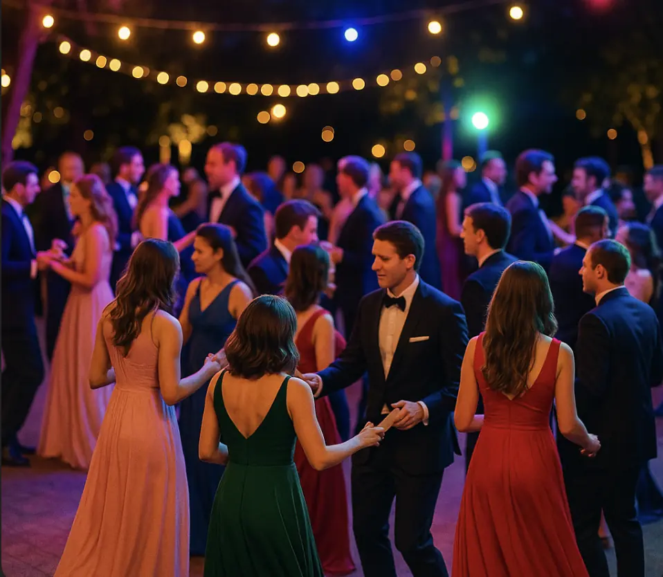 Wedding guests dancing to live music at a formal Cincinnati reception